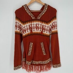 Peruvian Hand Knit Alpaca Hoodie Sweater Womens XS Orange Llama Fringe Boho